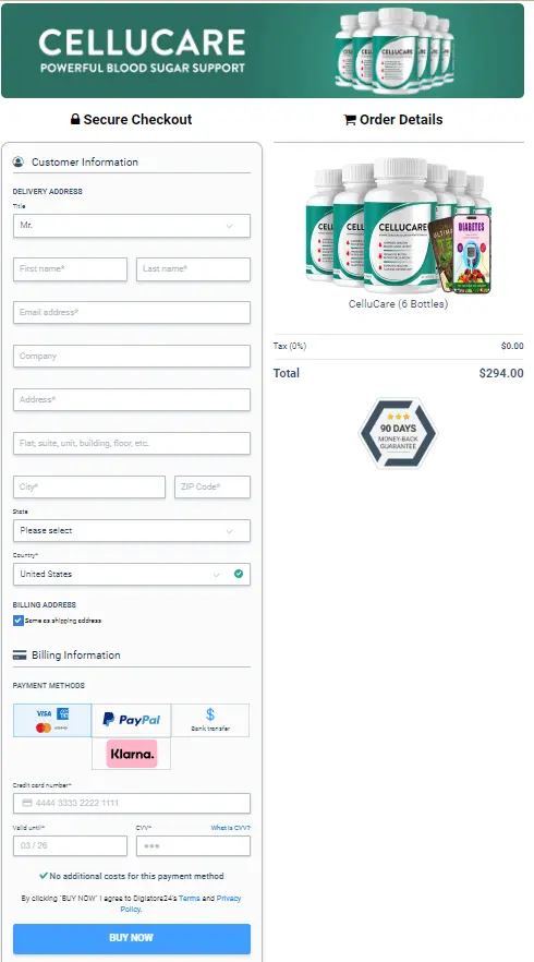 CelluCare order page